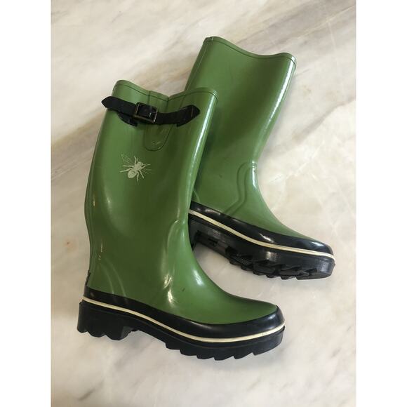 Kate Spade Riley tall rain boots shoes Green Size 6 bug bee on side Wellies - Picture 1 of 9
